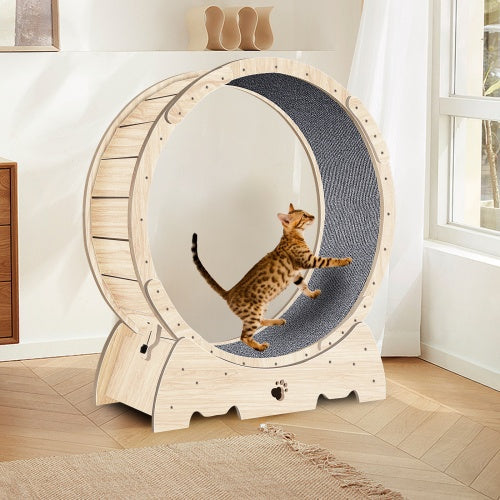 37" Natural Wood Cat Exercise Wheel with Silent Roller & Safety Lock