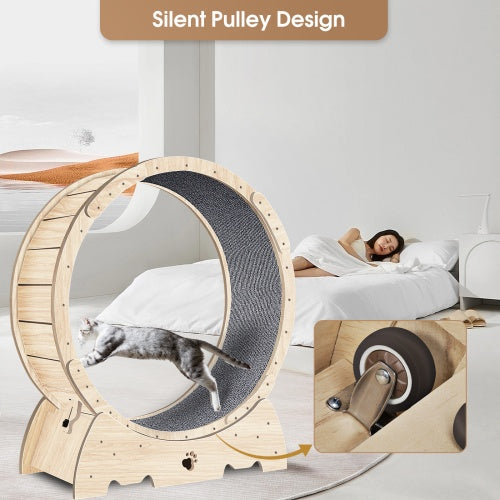 37" Natural Wood Cat Exercise Wheel with Silent Roller & Safety Lock