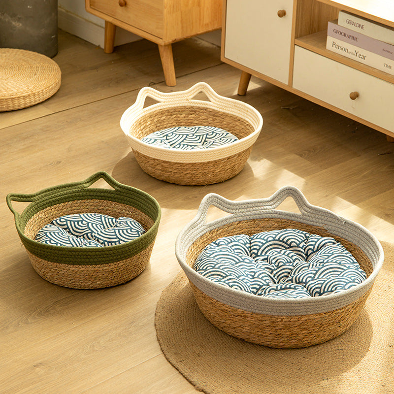Woven Rattan Cat Basket Bed with Cotton Cushion
