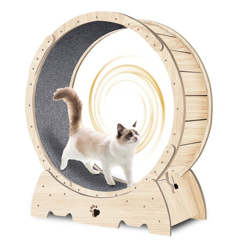Natural Wood Cat Exercise Wheel with Silent Roller & Safety Lock