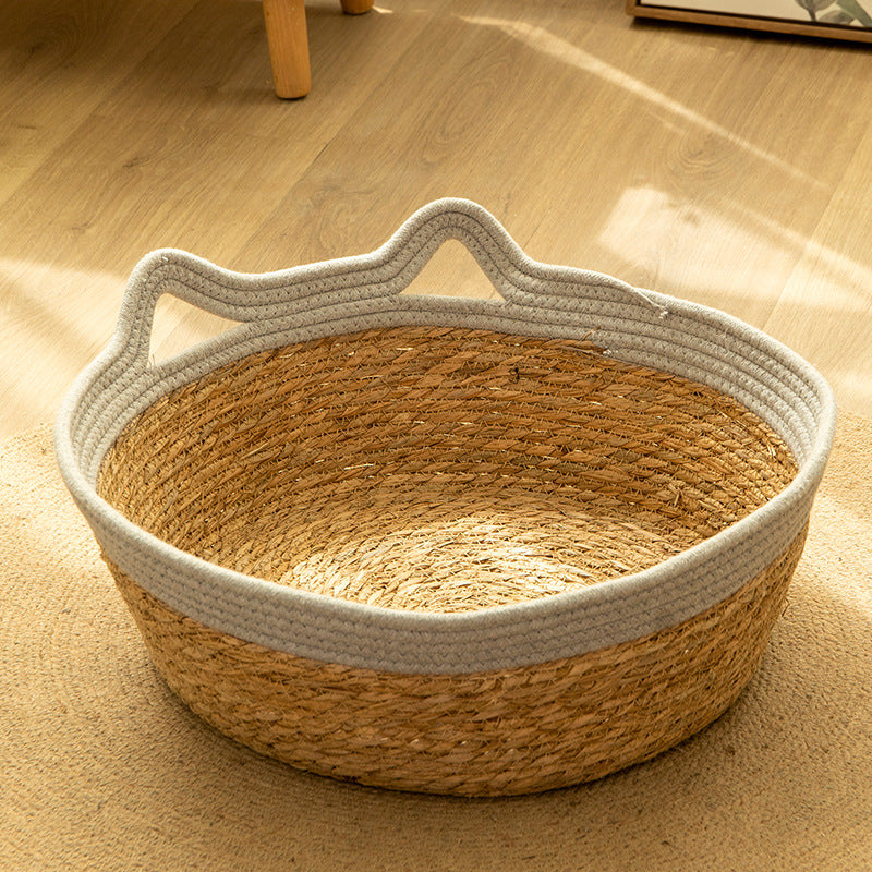 Woven Rattan Cat Basket Bed with Cotton Cushion