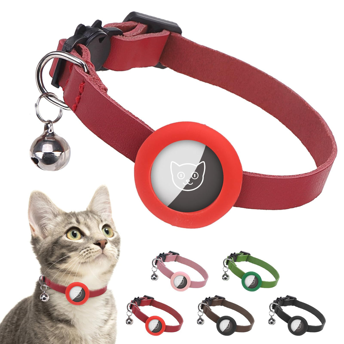 Leather AirTag Cat Collar with Bell
