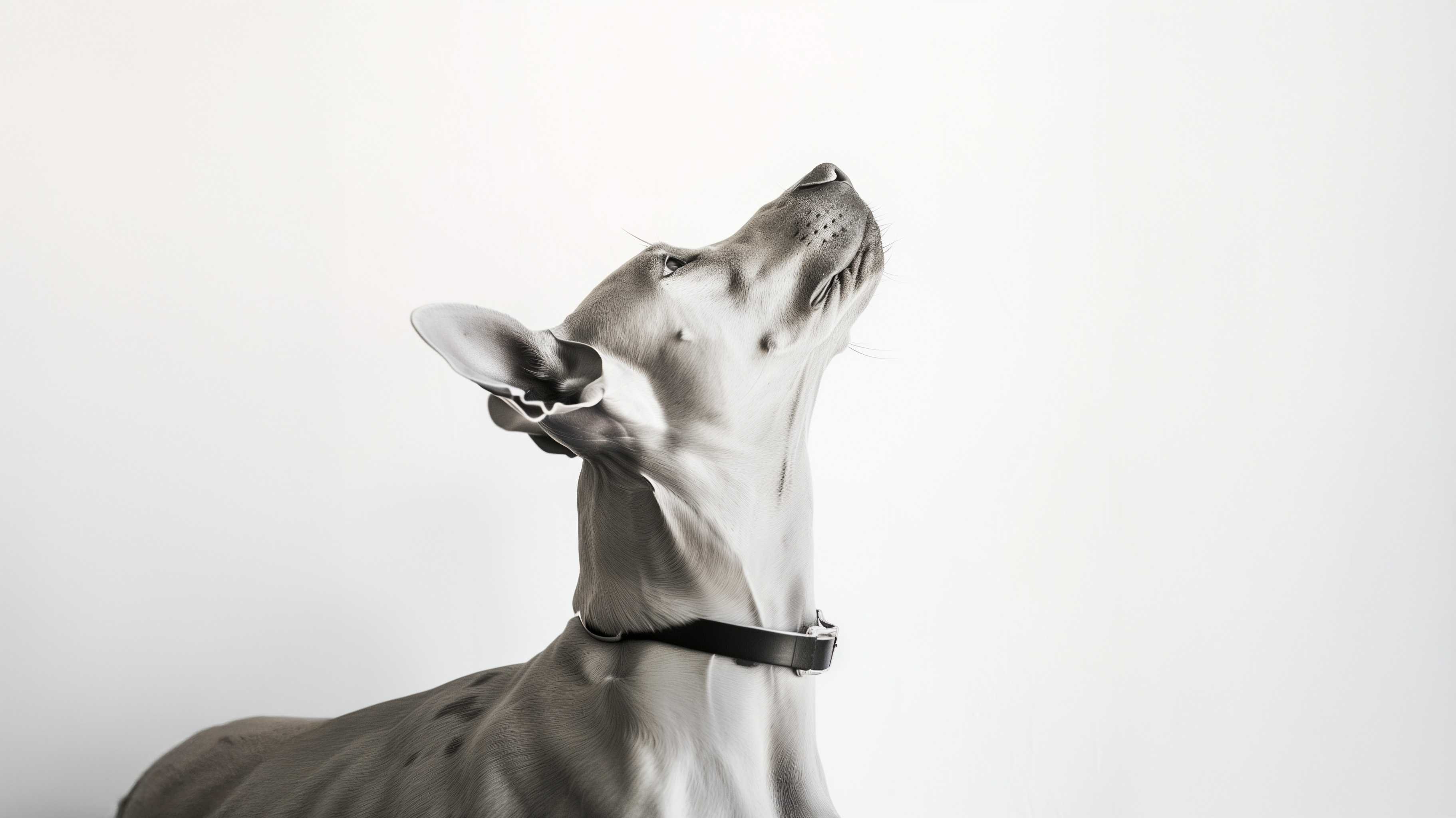 Grey dog wearing a black collar looking up, side profile portrait