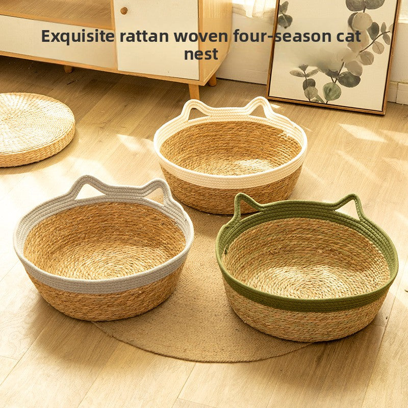 Woven Rattan Cat Basket Bed with Cotton Cushion