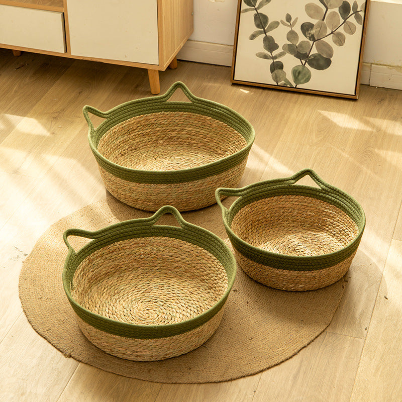 Woven Rattan Cat Basket Bed with Cotton Cushion