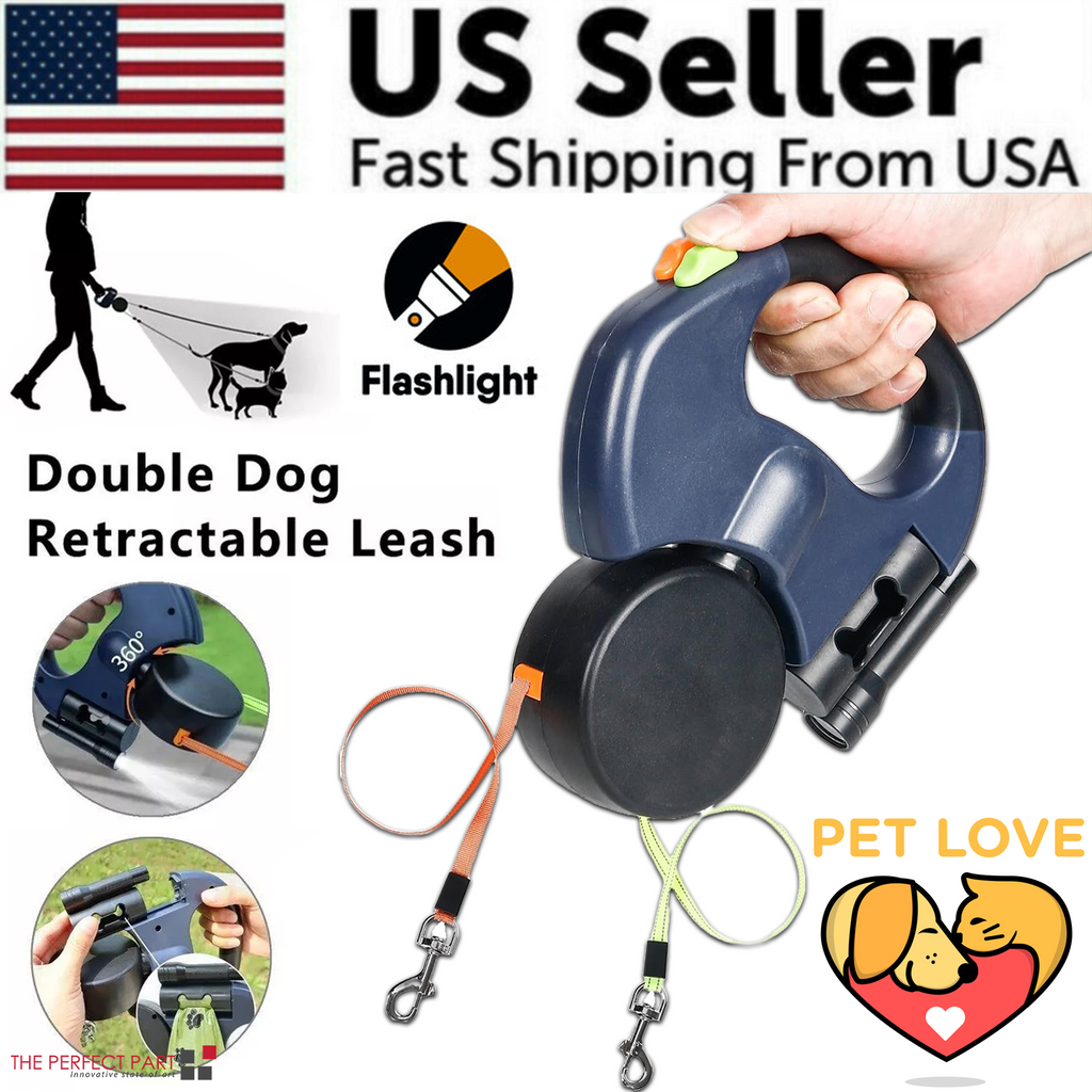 Dual Pet Leash, Retractable Reflective 360 Swivel Double Dog Walking Leash