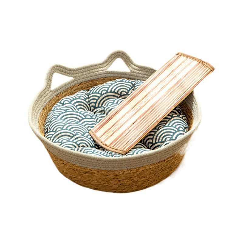 Woven Rattan Cat Basket Bed with Cotton Cushion